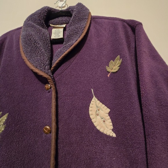 Vintage 90s Y2K Fleece Jacket Cardigan Womens LG Purple Embroidery Leaves Fall - Picture 2 of 11